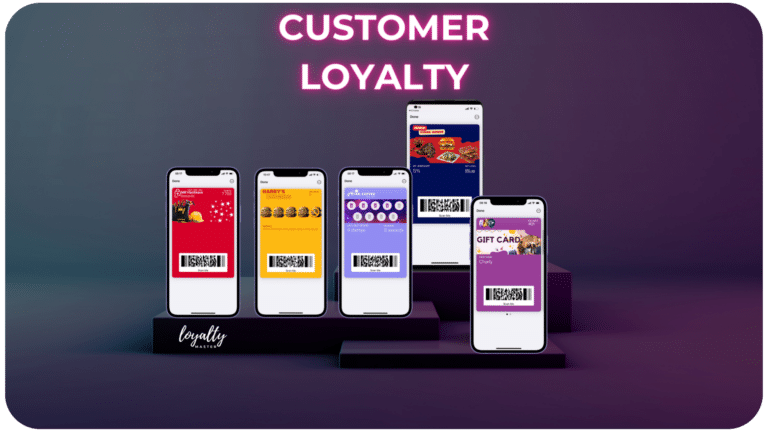 Five smartphones displaying different points-based loyalty program interfaces with a neon sign reading "customer loyalty" in the background.
