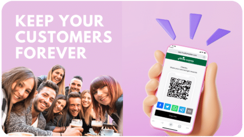 Referral marketing promoting customer loyalty with qr code on a mobile phone and a group of happy customers in the background.