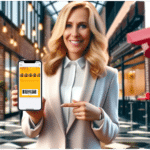 Woman presenting a mobile app on her smartphone with a QR code on the screen for customer loyalty programs.