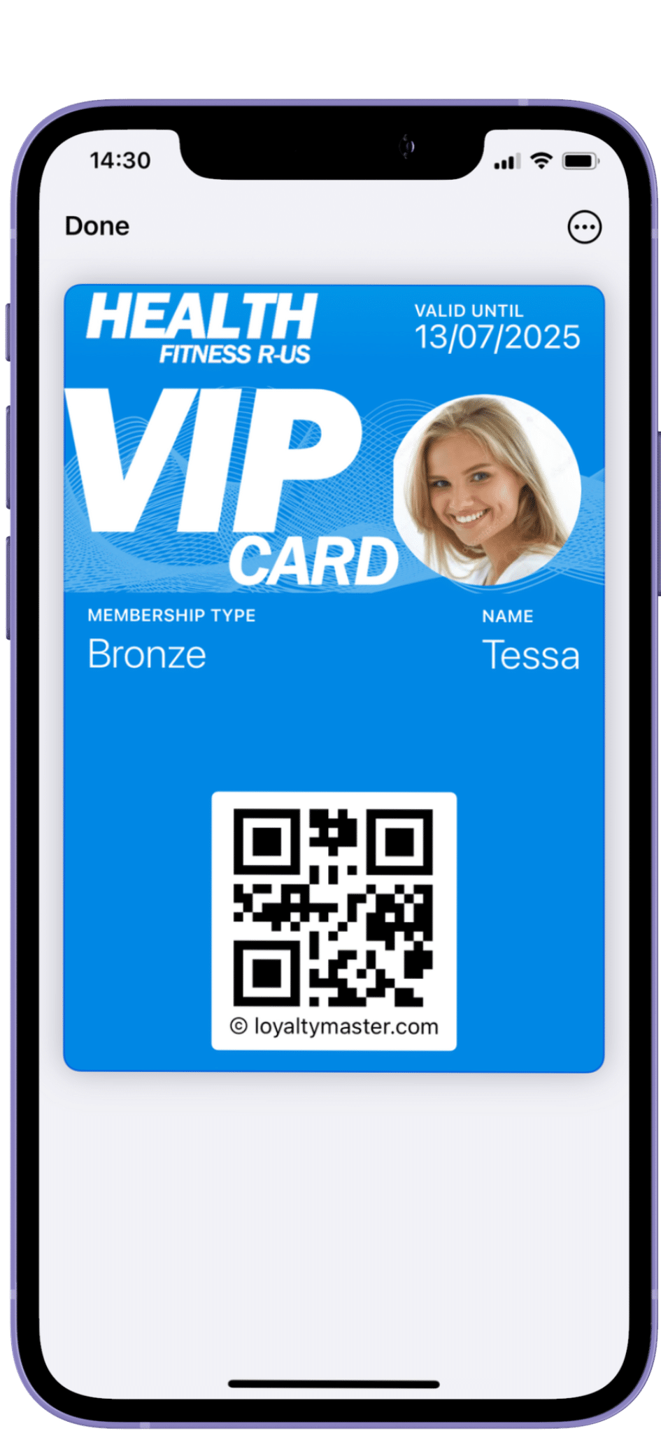 A smartphone screen displays a digital VIP card for "Health Fitness R-Us." The card details include the membership type "Bronze," a name "Tessa," a QR code, and a validity date until 13/07/2025.