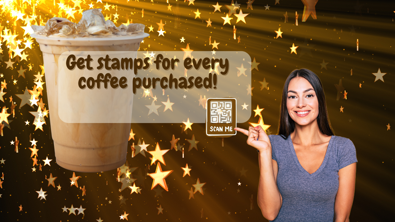 Iced coffee with whipped cream next to a smiling person holding a star. Text reads, "Get stamps for every coffee purchased!" with a QR code labeled "Scan Me." Background of star patterns.