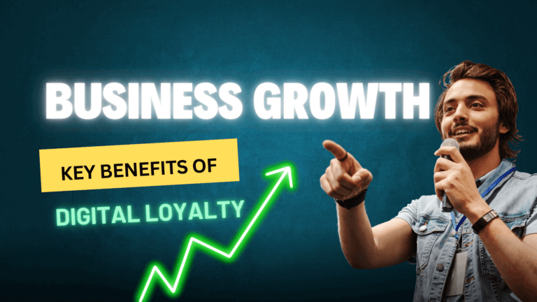 Man speaking with a microphone, pointing to text saying "Business Growth" and "Key Benefits of Digital Loyalty" with an upward arrow.