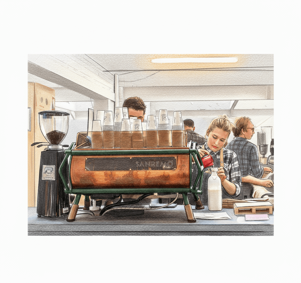 A barista prepares a drink behind a coffee counter with a large espresso machine, stacked cups, and a grinder. Other people work in the background in a bright, modern café setting.