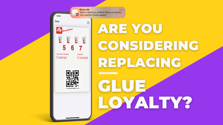 Smartphone displaying a loyalty card app with coffee stamps, next to text asking if you're considering replacing "Glue Loyalty.