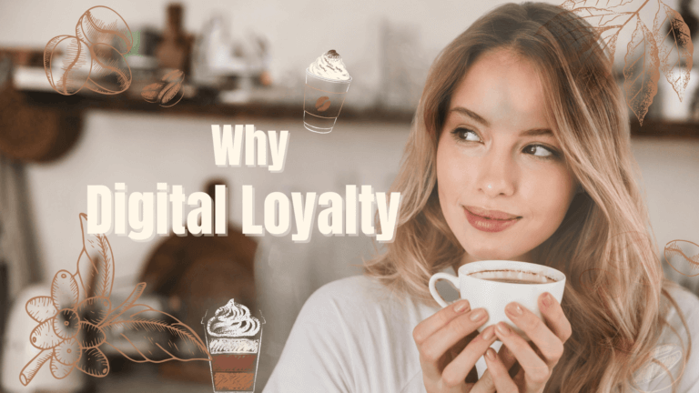 A person holding a coffee cup, looking to the side. Text says "Why Digital Loyalty." Coffee-themed graphics surround the image.