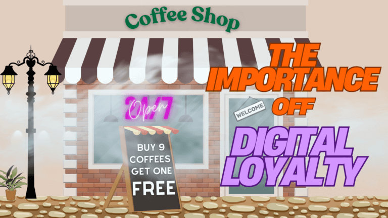 Illustration of a coffee shop with a sign promoting "Buy 9 Coffees Get One Free" and text highlighting "The Importance of Digital Loyalty.