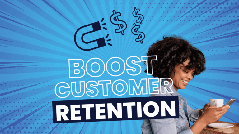 A woman smiles at her phone, with a magnet and dollar signs in the background, highlighting how digital loyalty programs can boost customer retention.