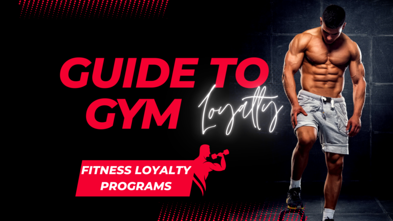 A muscular man in shorts stands confidently on a step platform. Text reads "Guide to Gym-Loyalty," with a section titled "Fitness Loyalty Programs," revealing secrets on how to create gym loyalty programs efficiently. Discover how the best app for membership cards can enhance your fitness journey.