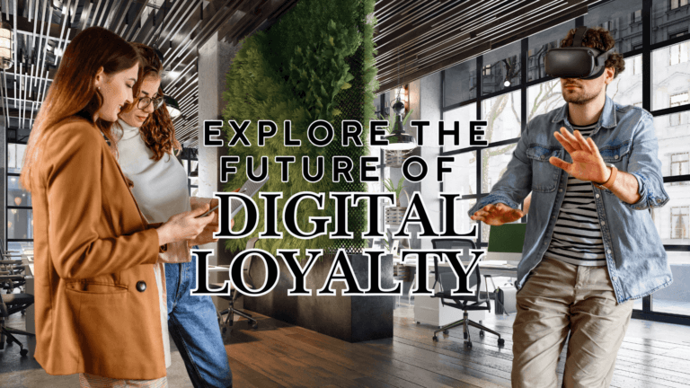 A man wearing a VR headset and two women with a smartphone stand in a modern office. Text reads, "Explore the Future of Digital Loyalty.