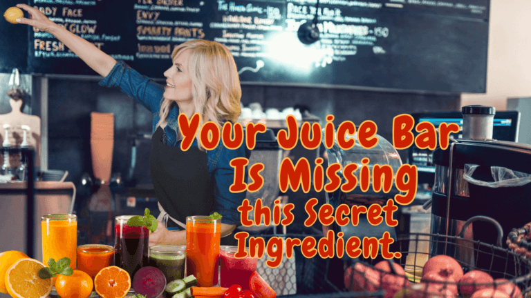 A person reaches for an item behind a juice bar counter with glasses of colorful juices and fruits displayed in front, text overlay states, "Your Juice Bar Is Missing this Secret Ingredient: Loyalty Cards.