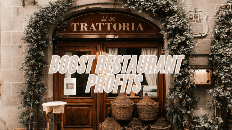 Old restaurant entrance with plants and wicker baskets, overlaid text: "Boost Restaurant Profits with a loyalty card for restaurant patrons.