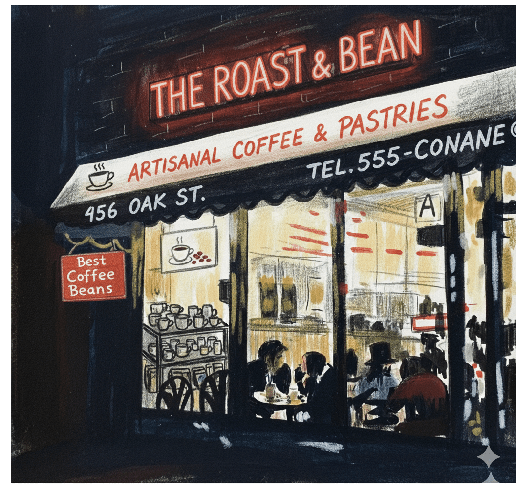 Illustration of a cozy coffee shop called "The Roast & Bean" at night, with warm light glowing inside, people sitting at tables, and signs advertising artisanal coffee, pastries, and "Best Coffee Beans" at 456 Oak St.