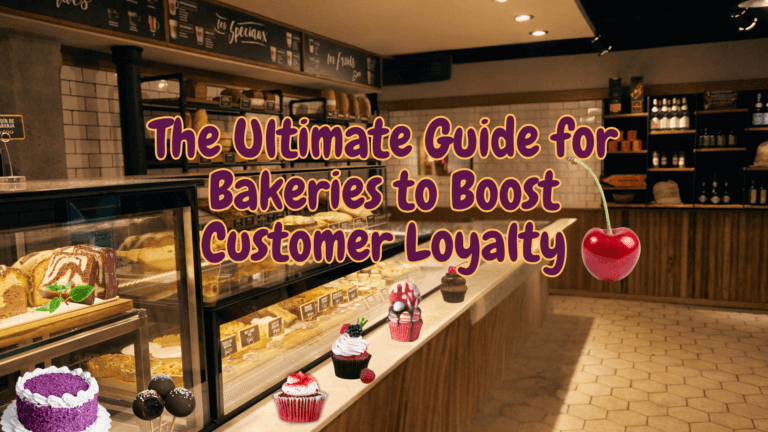 Bakery interior with various pastries on display. Text overlay: "The Ultimate Guide for Bakeries to Boost Customer Loyalty with a Digital Loyalty Programme" featuring cupcake and cherry illustrations.