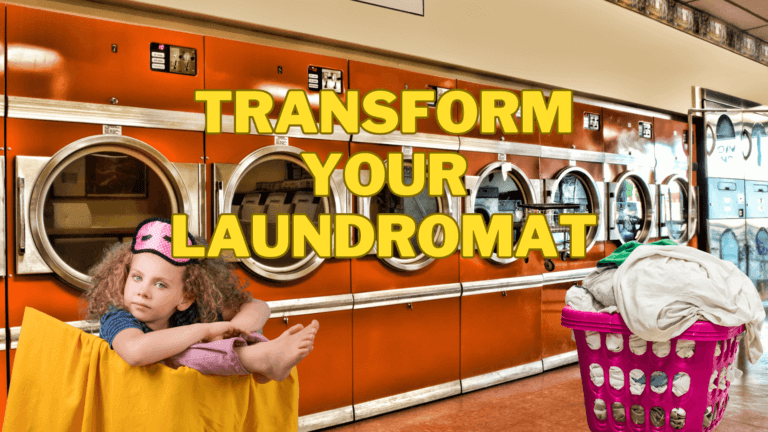 A child rests on a table in a laundromat with a pink laundry basket nearby. The text reads, "Transform Your Laundromat with our loyalty programs for customers.