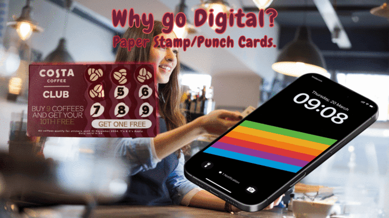 A barista chats with a customer while showcasing both a Costa Coffee paper loyalty card and a seamless digital stamp card on a smartphone, posing the question, "Why go Digital?" The device charmingly reveals the moment: 09:08.