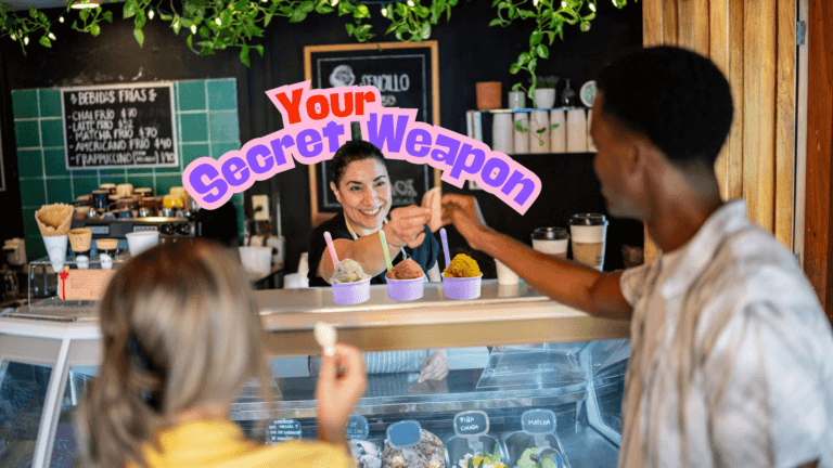 Customers at the ice cream shop counter, served by a smiling staff member. Decorative lettering overhead reads "Your Secret Weapon," hinting at their Digital loyalty rewards card that sweetens every visit with exclusive perks and smiles.