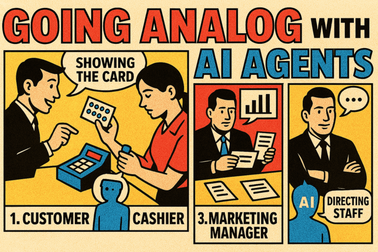 Retro-style illustration depicting a customer, cashier, and marketing manager leveraging AI agents for diverse tasks. From seamless card transactions to insightful chart analyses and efficient staff management, the digital punch card app elevates customer loyalty to the next level.